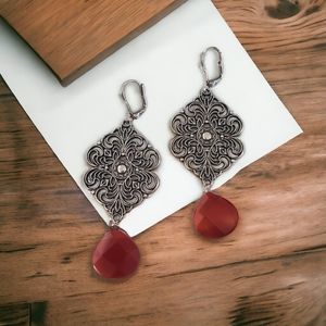 Sterling Silver Dangle Earring Filigree With Carnelian 925